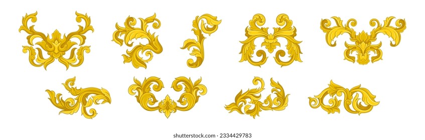 Golden Monograms and Baroque Swirl Element with Floral Ornament Vector Set