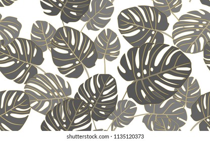 Golden monstera. Big leaves and exotic flowers composition. Vector illustration. Botanical seamless wallpaper. Digital nature art. Cartoon style sketch. White background.