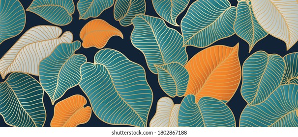 Golden monstera leaf botanical art deco wallpaper background vector. Line arts background design for interior design, vector arts, fashion textile patterns, textures, posters, wrappers, gifts etc.