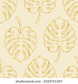 Golden monstera leaf shapes on vintage beige white