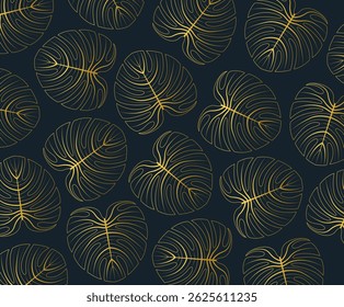 Golden monstera leaves, dark background.