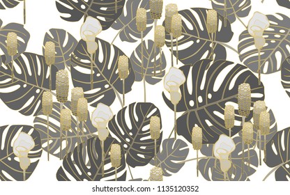 Golden monstera leaves and tumeric flowers. Big leaves and exotic flowers composition. Vector illustration. Botanical seamless wallpaper. Digital nature art. Cartoon style sketch. White background.