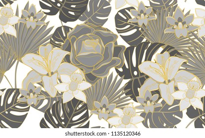 Golden monstera, palm and hawaiian flowers. Big leaves and exotic flowers composition. Vector illustration. Botanical seamless wallpaper. Digital nature art. Cartoon style sketch. White background.