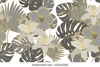 Golden monstera, palm and hawaiian flowers. Big leaves and exotic flowers composition. Vector illustration. Botanical seamless wallpaper. Digital nature art. Cartoon style sketch. White background.