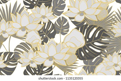 Golden monstera, palm and lotus flower. Big leaves and exotic flowers composition. Vector illustration. Botanical seamless wallpaper. Digital nature art. Cartoon style sketch. White background.