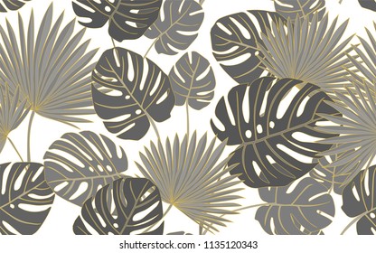 Golden monstera and palm tree. Big leaves and exotic flowers composition. Vector illustration. Botanical seamless wallpaper. Digital nature art. Cartoon style sketch. White background.