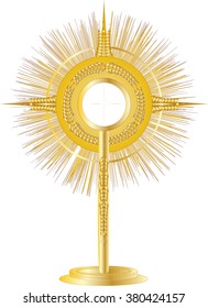 Golden monstrance for Eucharistic adoration of the Blessed Sacrament. Vector illustration.