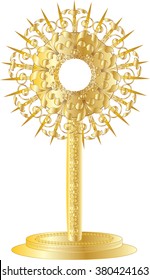 Golden Monstrance For Eucharistic Adoration Of The Blessed Sacrament. Vector Illustration.