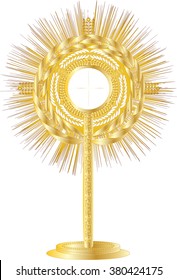 Golden monstrance for Eucharistic adoration of the Blessed Sacrament. Vector illustration.