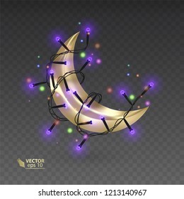 Golden month surrounded by a shiny garlands, magic illustration on dark background, vector art