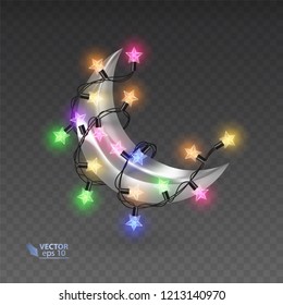 Golden month surrounded by a shiny garlands, magic illustration on dark background, vector art