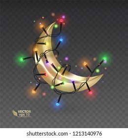 Golden month surrounded by a shiny garlands, magic illustration on dark background, vector art