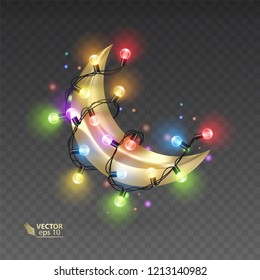 Golden month surrounded by a shiny garlands, magic illustration on dark background, vector art
