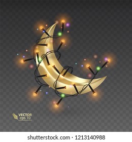 Golden month surrounded by a shiny garlands, magic illustration on dark background, vector art