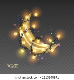 Golden month surrounded by a shiny garlands, magic illustration on dark background, vector art