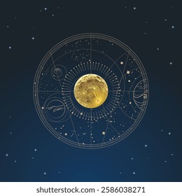 Golden moon and abstract star map on dark blue background. Vector hand drawn illustration