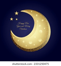 golden moon brilliant fairytale on dark blue background with golden inscription of happy new year and christmas vector image