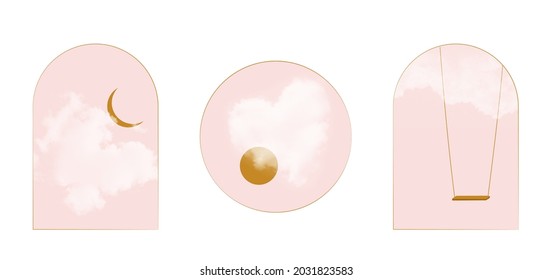 Golden moon in clouds on pink sky, Realistic heart-shape clouds, swing in the sky, Sun shining thru clouds Minimalistic arch composition vector set Gold monochrome minimalistic composition background 