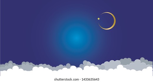 Golden moon crescent with star on dark blue sky.