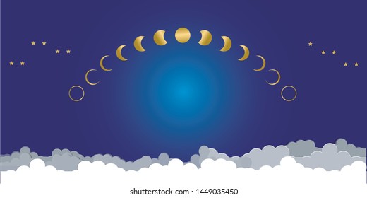 Golden moon crescent with star on dark blue sky.Moon phases astronomy icon set.