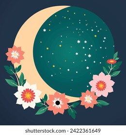 Golden moon with floral ornament vector design beautiful crescent moon with floral