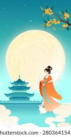 Golden moon glows softly above traditional pagoda. Woman in flowing orange robes stands gracefully below. Her hair is styled with delicate accessories. She gazes upward, serene and contemplative