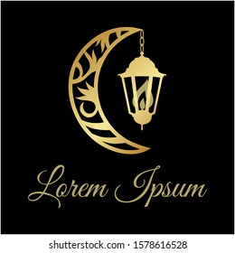golden moon with hanging lantern, vector logo template