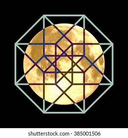 Golden moon. Hyper cube. Sacred geometry. Abstract vector illustration.