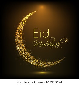 Golden moon for Muslim community festival Eid Mubarak on shiny brown background. 