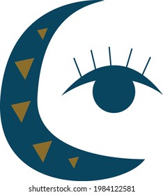 Golden moon in the night sky with stars and an eye. Mystical symbol logo isolated on white background. Tarot and abstraction.