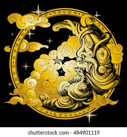 Golden moon on a background of clouds