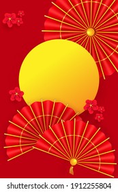 Golden Moon, paper fans and traditional red umbrella. Decor for Oriental Holiday Lunar New Year