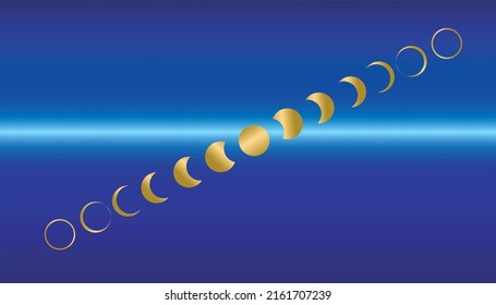 Golden Moon phases astronomy icon set Vector Illustration on the blue background.