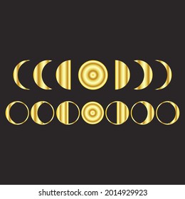 Golden moon phases icon Night space astronomy and nature moon phases sphere shadow. The whole cycle from new moon to full moon
