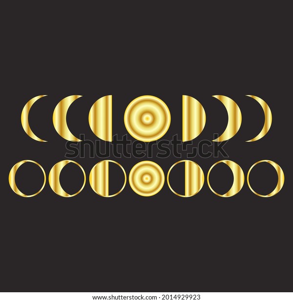 Golden moon phases icon Night space astronomy and\
nature moon phases sphere shadow. The whole cycle from new moon to\
full moon