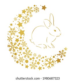Golden moon with rabbit, snowlakes. Vecor illustration art.