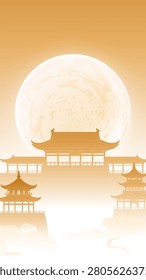 Golden moon rises behind ancient Chinese pagodas. Silhouettes stand serene against glowing sky. Calm stillness spreads through misty valley scene. Traditional architecture glows in warm hues
