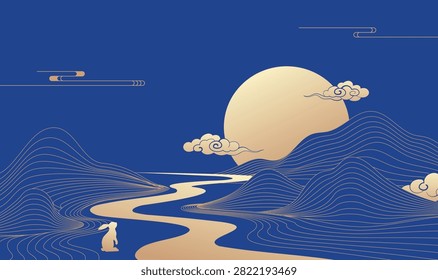 Golden moon rises over stylized mountain range. Blue waves ripple across undulating terrain. White rabbit sits quietly by winding path. Clouds drift above in delicate, traditional lines