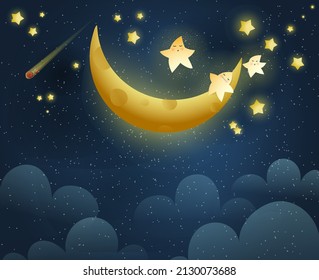 Golden moon sleeping and shiny stars, cosmic background with clouds stars and a crescent. Cute sleeping stars and the moon at starry night. Vector illustration for children and little kids.