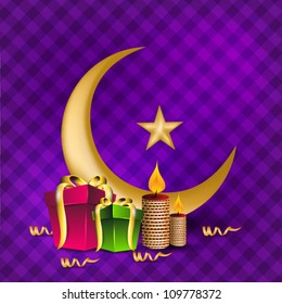 Golden Moon with Star and gift boxes for celebration of Eid Mubarak festival. EPS 10.