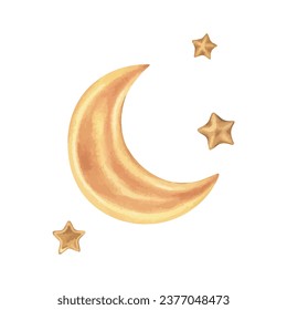 Golden moon and star set Vector illustration. Hand drawn graphic clipart on white isolated background. Watercolor drawing of gold crescent. Sketch of celestial sky. Painting of luna and starry cosmos