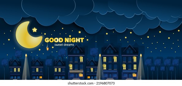 Luna de Oro y el cielo estrellado en un pueblo nocturno de cuento de hadas. Diseño de fondo de buenas noches y sueños dulces. Cartel de buena noche. Ilustración del vector