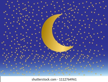 Golden moon and stars in midnight .paper art style.