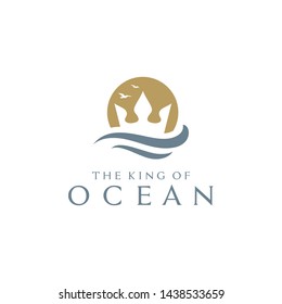 Golden Moon or Sunset with Trident King Crown and Ocean Sea Wave Bird for Boat Ship logo design	
