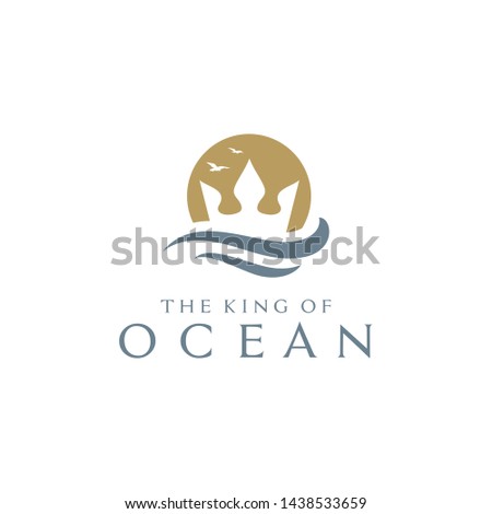 Golden Moon or Sunset with Trident King Crown and Ocean Sea Wave Bird for Boat Ship logo design	
