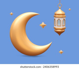 Golden moon and suspended lantern on blue background. Ramadan celebrating. Muslim concept. Elegance Islamic celebration poster. Vector illustration in 3d style