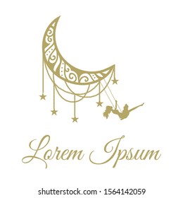 golden  moon swing, young woman and stars. vector logo template