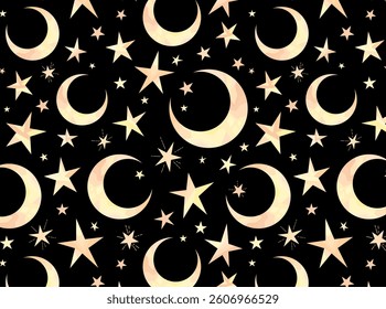 Golden moons and stars on black background. Seamless pattern