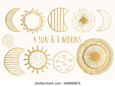 Golden moons and suns. Vector. Isolated.