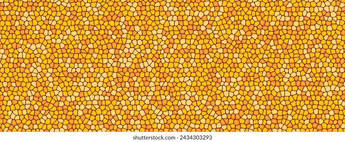 Golden mosaic background vector abstract graphic illustration, gold color stained glass as gem jewel tile backdrop mesh decor, precious yellow orange geometric texture grid random image